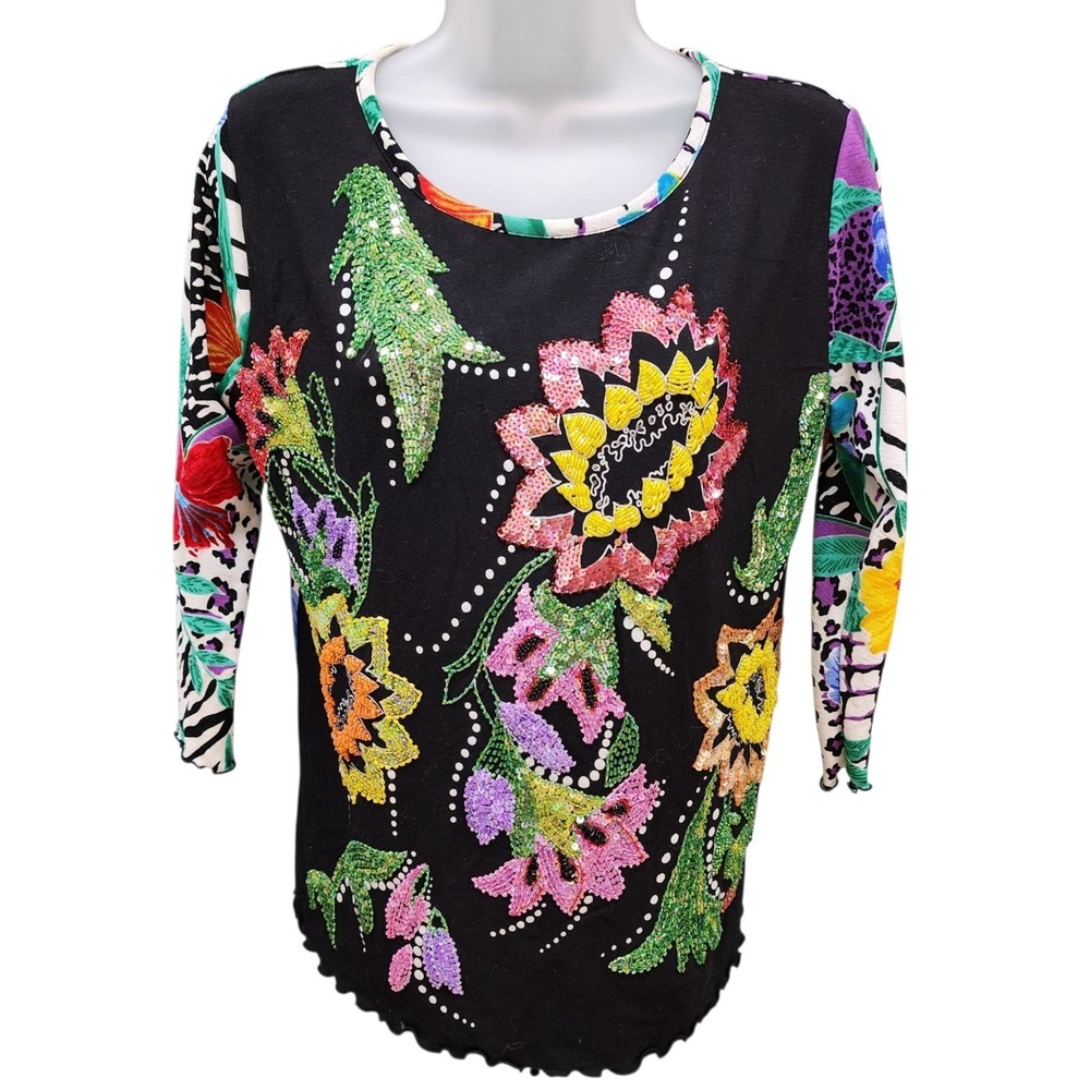 Faith by Celia Forrester Women's Medium Sequin Floral 3/4 Sleeve Top Boho M